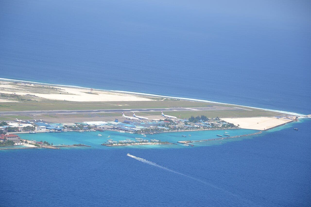 Aerial view of Velana International Airport on its island near Malé